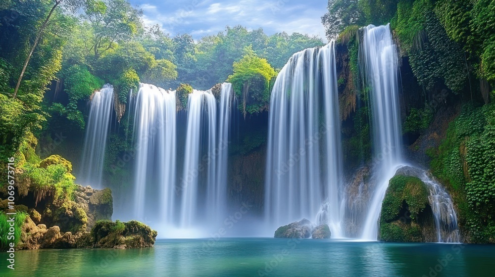 Obraz premium A stunning waterfall cascading into a serene pool surrounded by lush greenery.