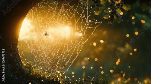 Spider Web Dewdrops In Golden Sunlight