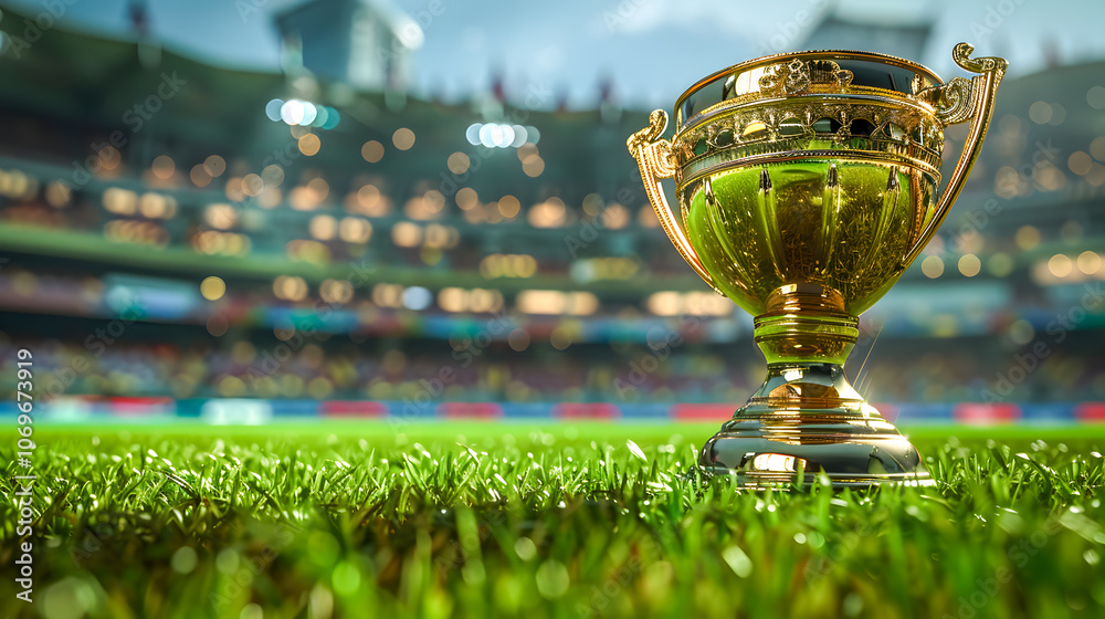 Cricket championship Trophy, world cup trophy Cricket stadium with bokeh in the background Cricket championship Trophy, world cup trophy Cricket stadium with bokeh in the background