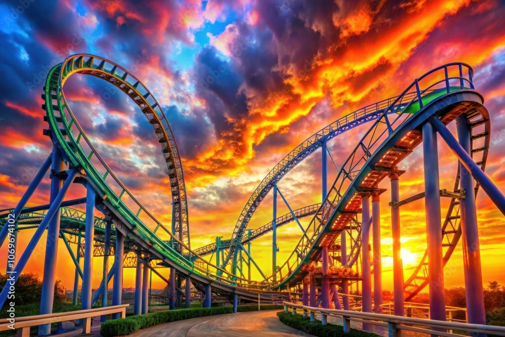 Fototapeta premium a roller coaster is shown in the sky with the sun setting behind it