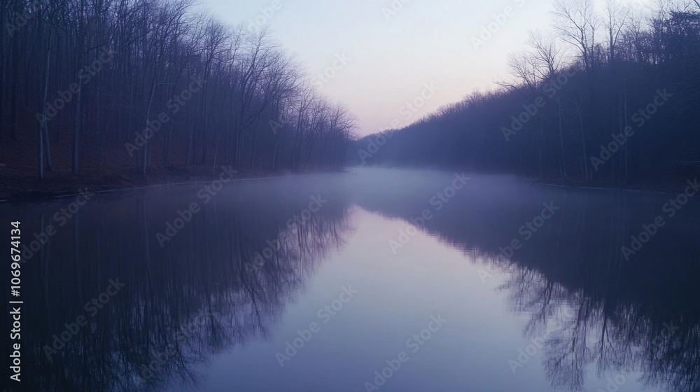 Fototapeta premium Tranquil Dawn: Misty River with Soft Swirling Mist and Faint Water Reflections