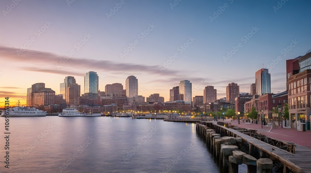 Boston Waterfront at dawn Boston Massachusetts.generative.ai Boston Waterfront at dawn Boston Massachusetts.generative.ai