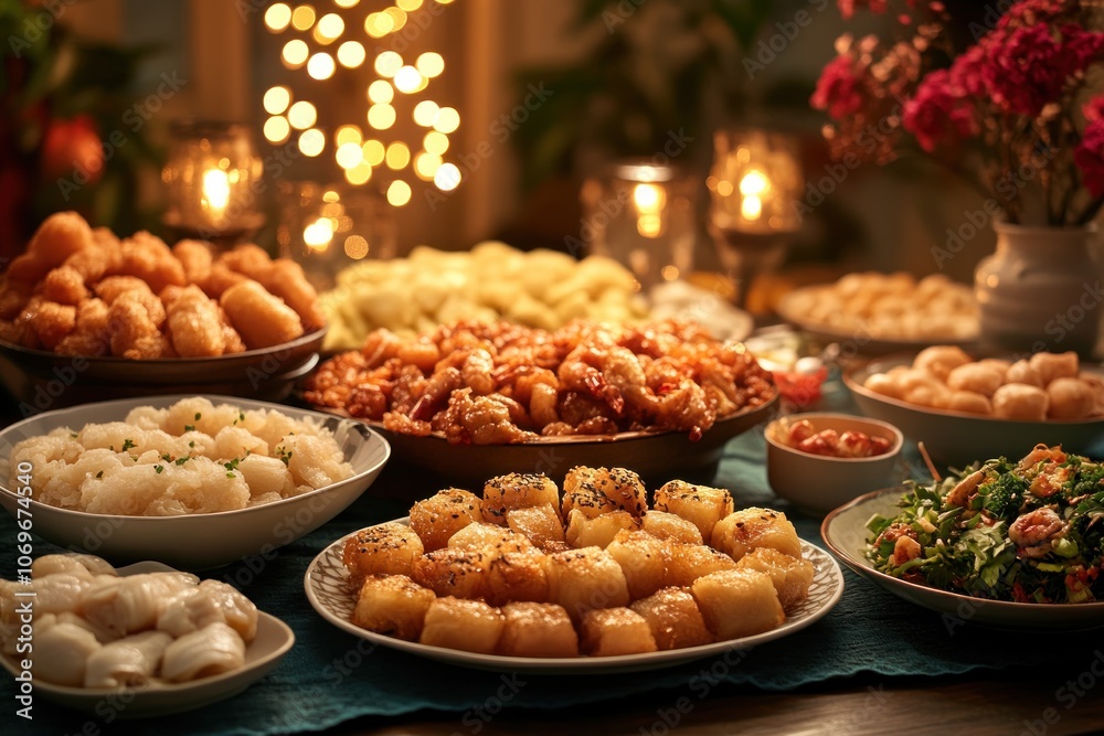 A Table Spread with Various Vietnamese Dishes for a Feast A Table Spread with Various Vietnamese Dishes for a Feast