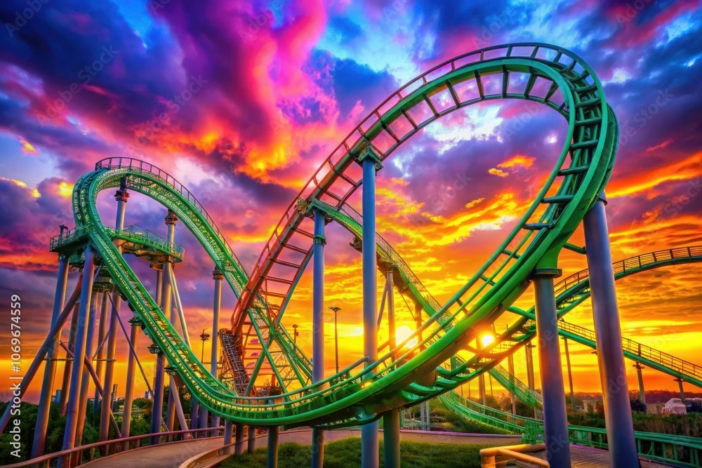 a roller coaster is shown in the sky with the sun setting behind it a roller coaster is shown in the sky with the sun setting behind it