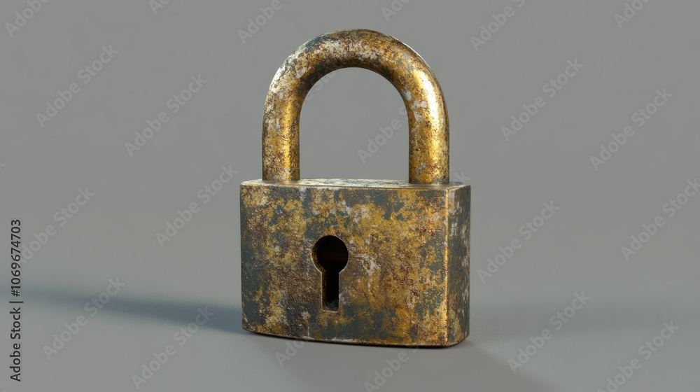 Antique Brass Padlock with Noticeable Scratches on Solid Background