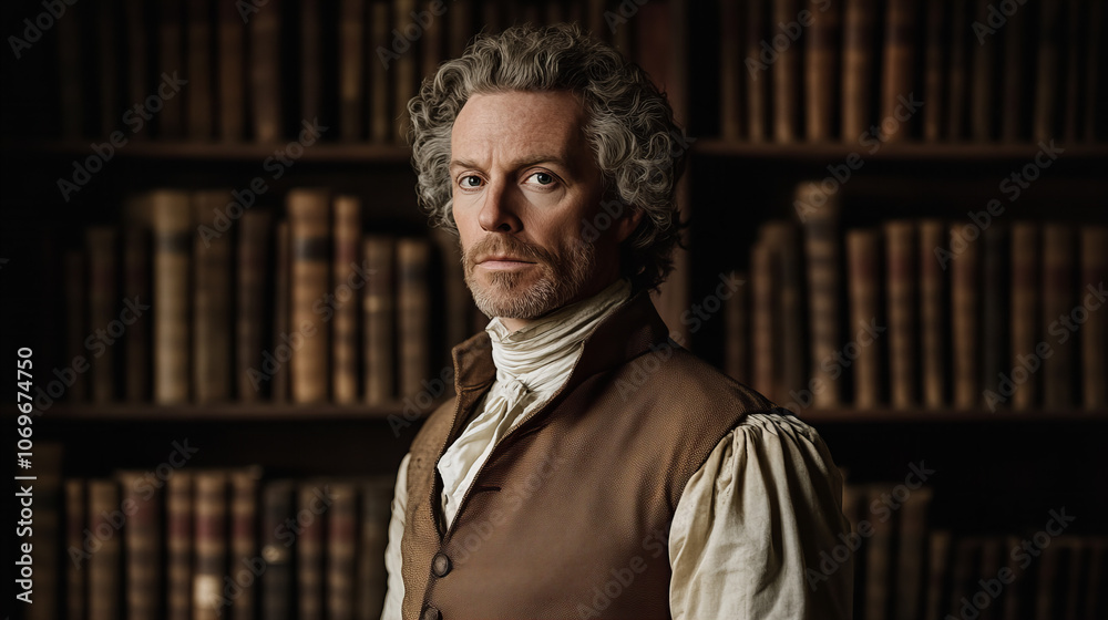 Obraz premium A gentleman in historical attire stands confidently in front of a library filled with antique books, showcasing a classic scholarly atmosphere