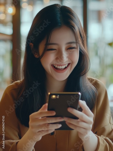 Smiling Woman Using Smartphone