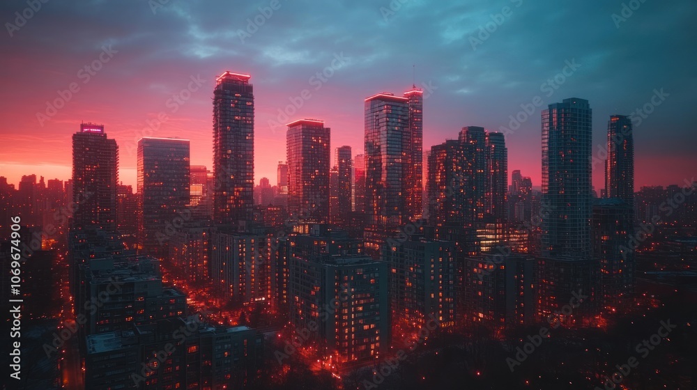 Obraz premium Cityscape at Dusk with a Vibrant Red Sky