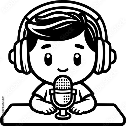 Radio presenter sits at studio microphone at workplace in monochrome. Simple minimalistic vector in black ink drawing on transparent background