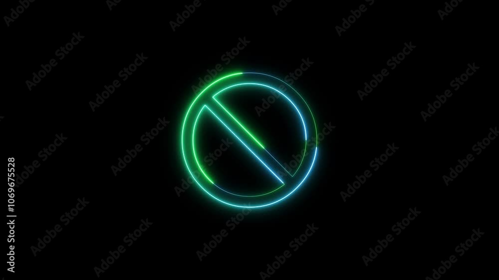 Simple neon line Ban icon. Warning, stop or no entry forbidden color circle and line symbol icon animation on a black background. Simple neon line Ban icon. Warning, stop or no entry forbidden color circle and line symbol icon animation on a black background.