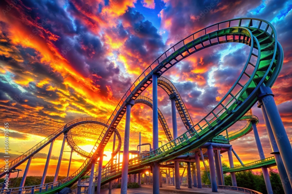 Obraz premium a roller coaster is shown with the sun setting behind it