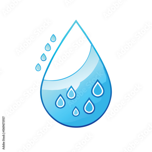 Blue Water Droplet with Smaller Drops, Illustration of a large blue water droplet containing smaller drops, symbolizing freshness, hydration, and purity.