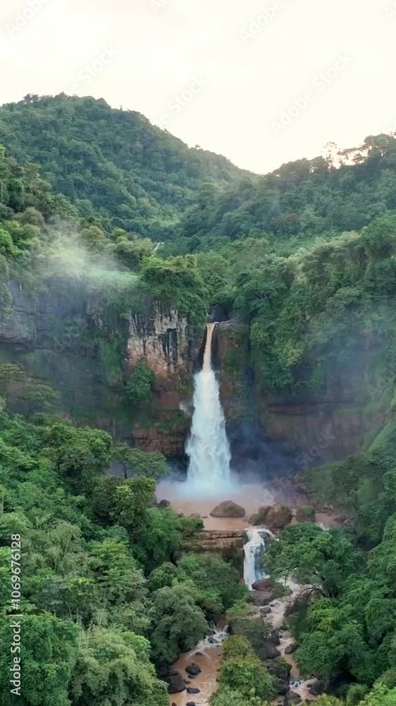 Huge waterfall with green forest background