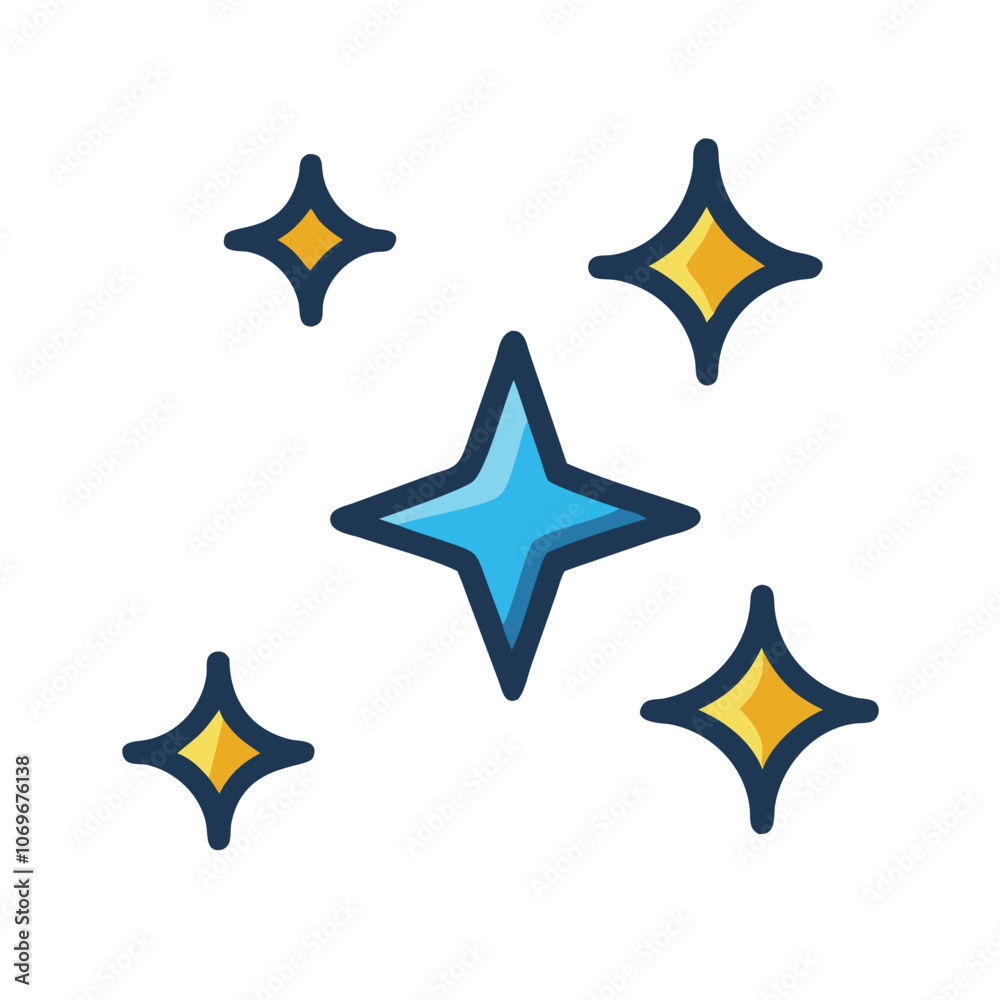 Obraz premium Blue and Yellow Sparkles with Dark Outline, Illustration of a central blue sparkle surrounded by yellow accents, featuring a dark outline for a bold and playful design. 