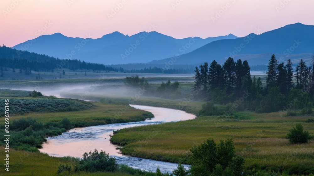 A tranquil river gracefully meanders through a lush valley as the sun rises, casting soft light on the mist-covered mountains in the background, creating an enchanting and serene atmosphere. A tranquil river gracefully meanders through a lush valley as the sun rises, casting soft light on the mist-covered mountains in the background, creating an enchanting and serene atmosphere.