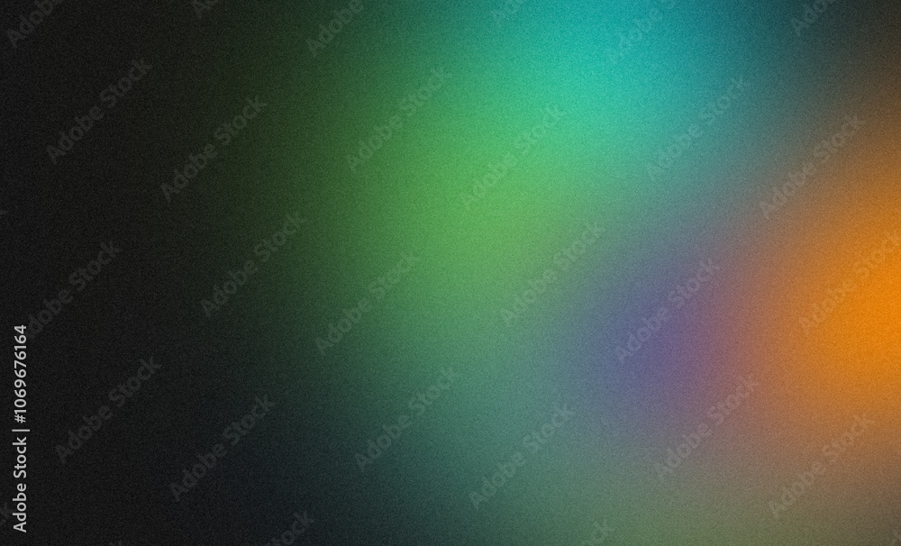 Abstract glowing color spots, spotlight grainy backdrop design. Blue orange purple color, wave shaped noisy gradient on dark, vibrant color flow, bright, shine, poster, banner, header, cover