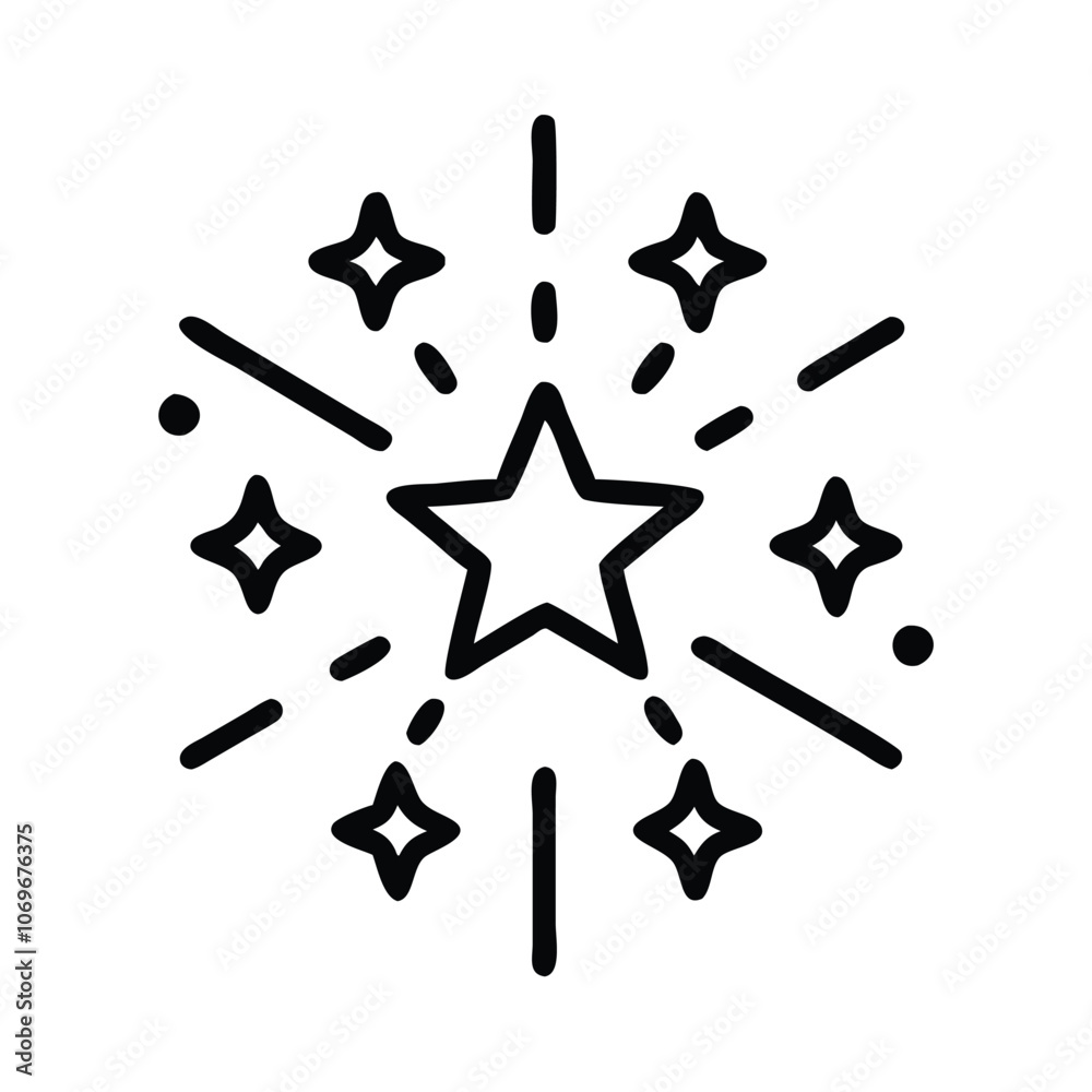 Starburst Icon with Radiating Sparkles, Black line art of a central star surrounded by radiating sparkles, symbolizing brilliance, celebration, and a magical effect. Starburst Icon with Radiating Sparkles, Black line art of a central star surrounded by radiating sparkles, symbolizing brilliance, celebration, and a magical effect.
