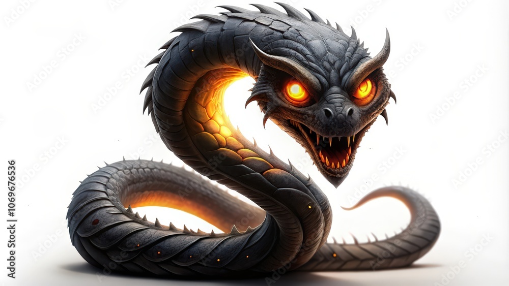 Obraz premium A menacing gray dragon with glowing orange eyes and a sharp, toothy grin