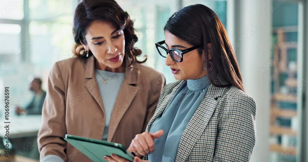 Tablet, discussion and women in office together for online feedback, agenda or schedule for business plan. Teamwork, project manager and consultant on digital app for collaboration, ideas and advice