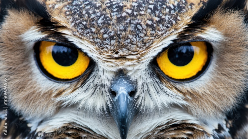 Piercing Gaze - Close-up of Majestic Owl with Vibrant Yellow Eyes Staring Isolated on White Background