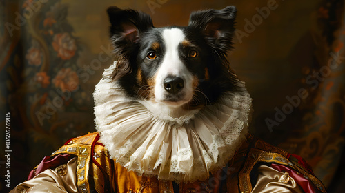 Fototapeta Naklejka Na Ścianę i Meble -  Fine art portrait of puddle dog in royal clothing. Aristocratic noble pet in elegant historical gown