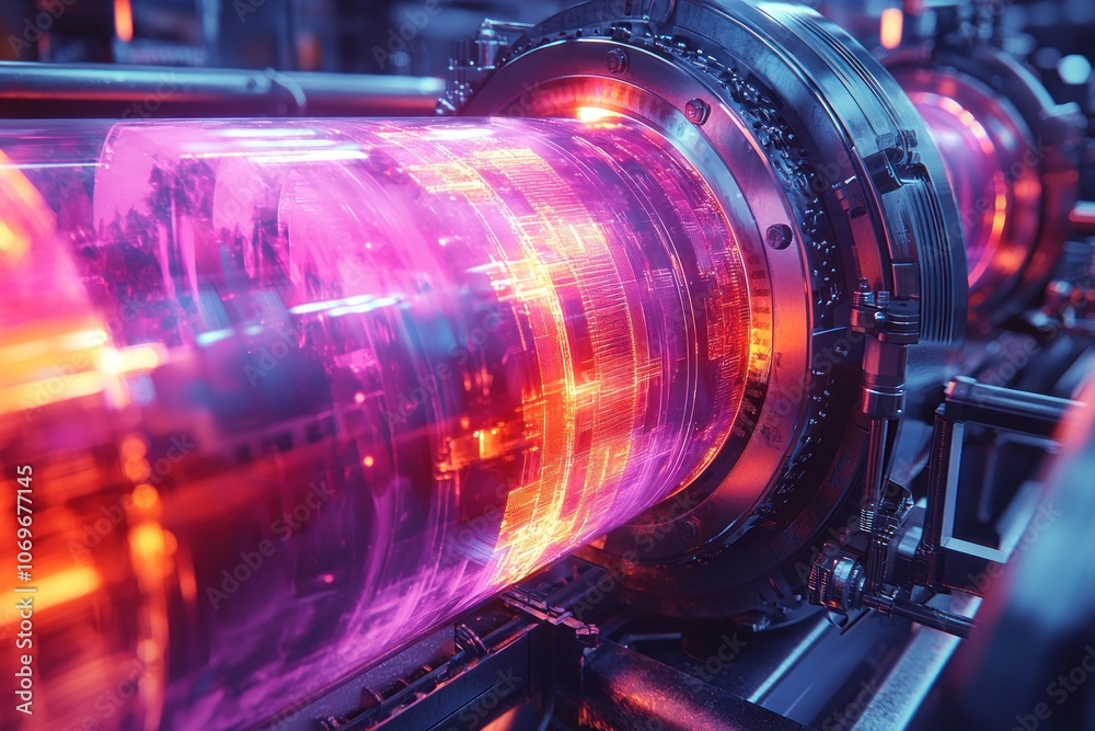 A Close-Up of a Futuristic Industrial Machine with Glowing Pink and Orange Lights A Close-Up of a Futuristic Industrial Machine with Glowing Pink and Orange Lights