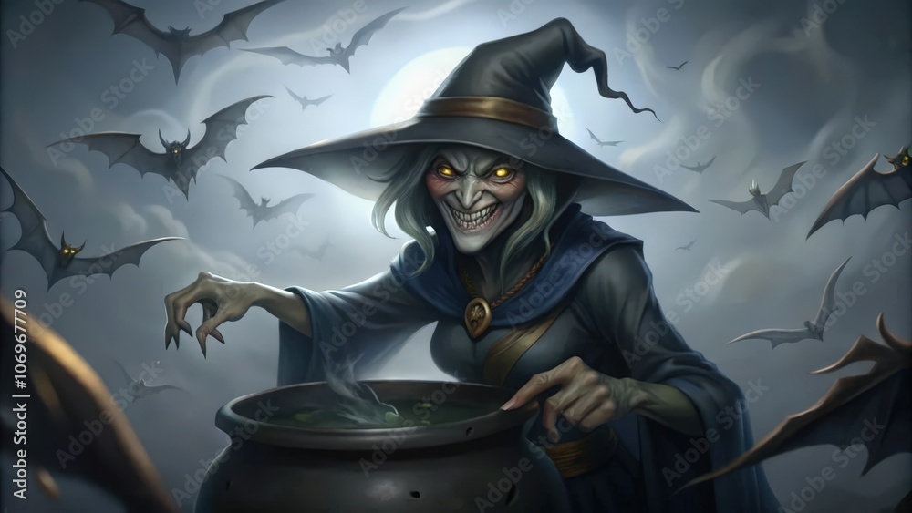 A Witch Stirring a Cauldron Under a Moonlit Sky with Bats Flying Around A Witch Stirring a Cauldron Under a Moonlit Sky with Bats Flying Around