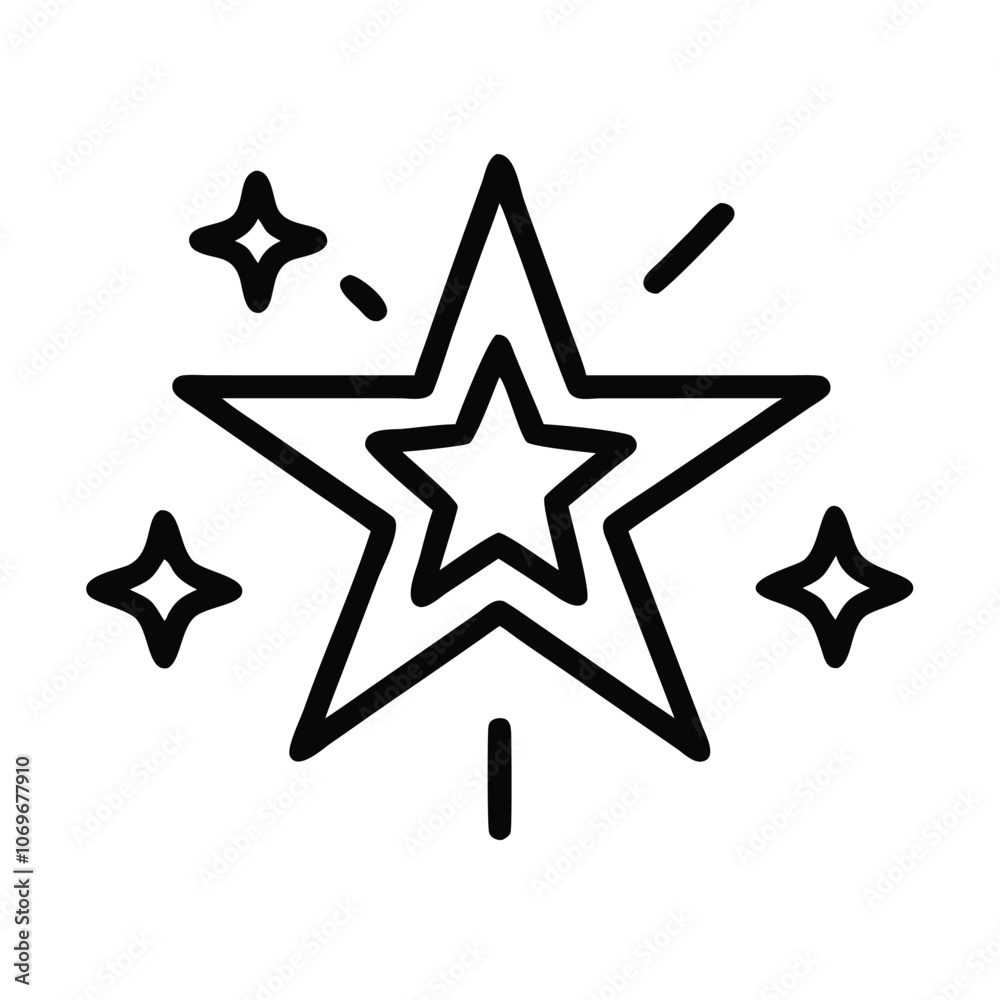 Double Star Icon with Sparkles in Line Art, Black line art of a double-layered star surrounded by sparkles, symbolizing magic, creativity, or a decorative effect.
Double Star Icon with Sparkles in Line Art, Black line art of a double-layered star surrounded by sparkles, symbolizing magic, creativity, or a decorative effect.