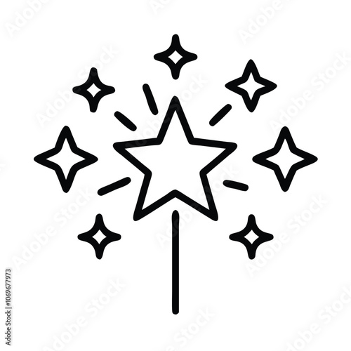 Star Magic Wand with Sparkling Effects, Black line art of a star-shaped magic wand surrounded by sparkles, symbolizing magic, fantasy, or celebration.