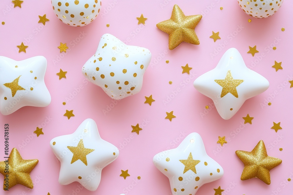 White and gold stars and confetti on pink background. White and gold stars and confetti on pink background.