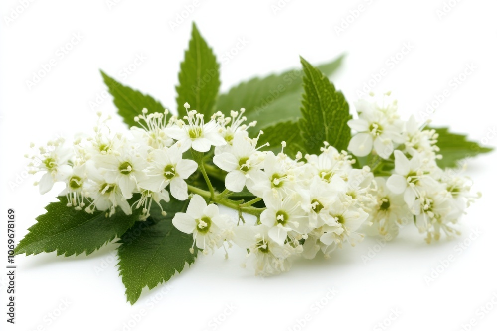 Obraz premium Close-up bunch white flowers green leaves are clustered Meadowsweet On Background