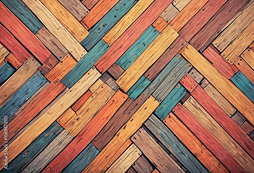 Picture Wooden planks arranged in a complex, interwoven pattern.