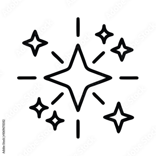 Sparkle Icon Symbol in Line Art, Simple black line art of a sparkle or shining star icon, symbolizing cleanliness, brightness, or a magical effect.
