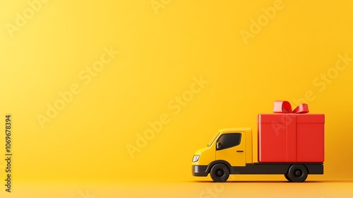 A yellow truck is parked in front of a red box