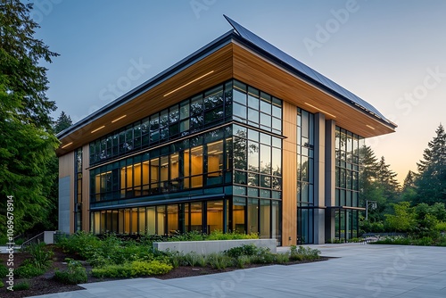 A modern, glass and wood office building with a large, open courtyard and a green roof, surrounded by trees.