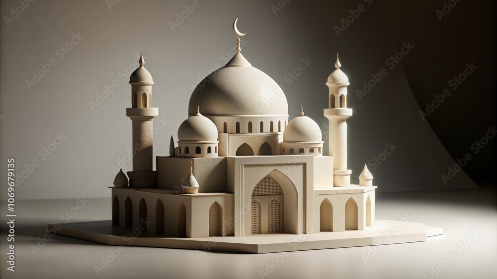 Obraz premium A Miniature Model of a White Mosque with a Crescent Moon on Top