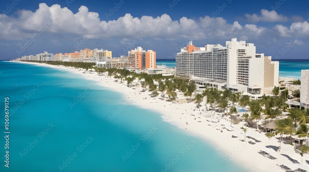 View of hotels and beach Hotel Zone Cancun Caribbean Coast.generative.ai View of hotels and beach Hotel Zone Cancun Caribbean Coast.generative.ai
