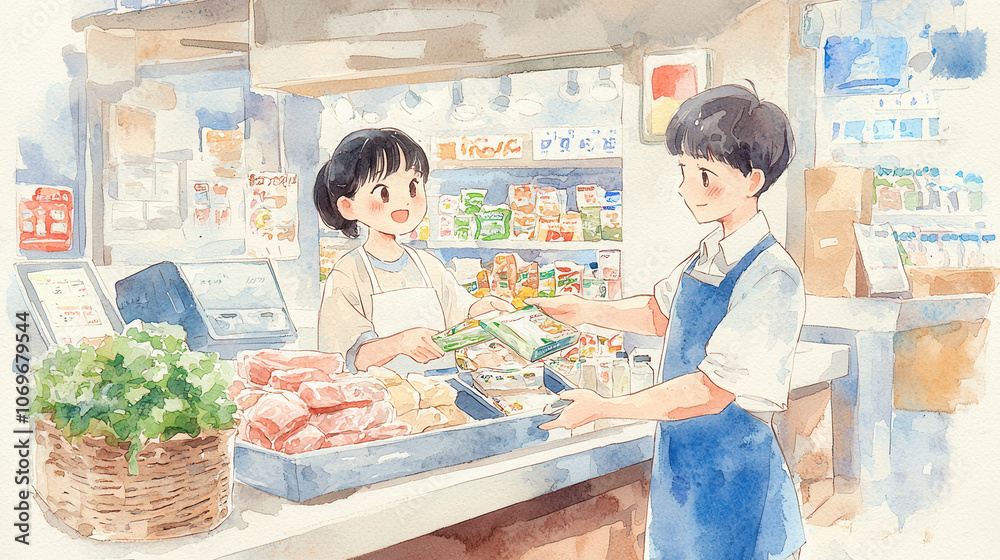 A cheerful scene of two young people interacting at a colorful market stall, showcasing fresh produce and grocery items. A cheerful scene of two young people interacting at a colorful market stall, showcasing fresh produce and grocery items.