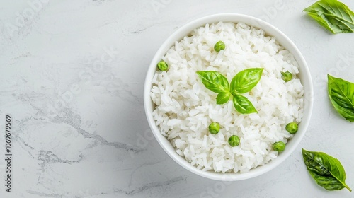 Fresh Rice with Green Peas and Basil in White Bowl