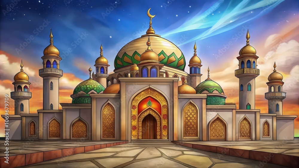 An Islamic mosque with golden domes and intricate details under a starry night sky. An Islamic mosque with golden domes and intricate details under a starry night sky.