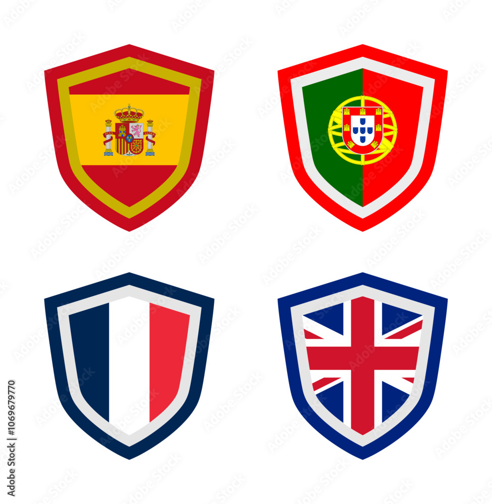 vector set of shield icon badge - flag nation (spain, portugal, france, united kingdom) vector set of shield icon badge - flag nation (spain, portugal, france, united kingdom)