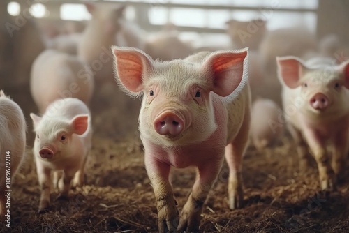 Pigs are walking on the farm, with chickens walking beside them , Generative AI