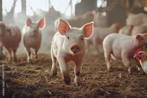 Pigs are walking on the farm, with chickens walking beside them , Generative AI