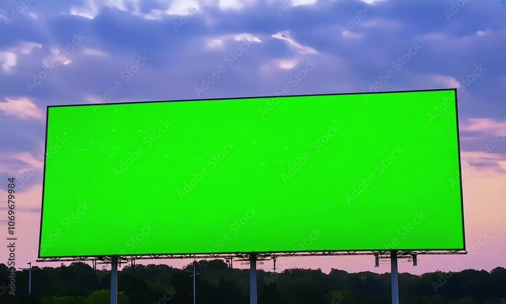 Green screen blank billboard above a lush green forest under a blue sky with fluffy clouds. Promotional & ads template Green screen blank billboard above a lush green forest under a blue sky with fluffy clouds. Promotional & ads template