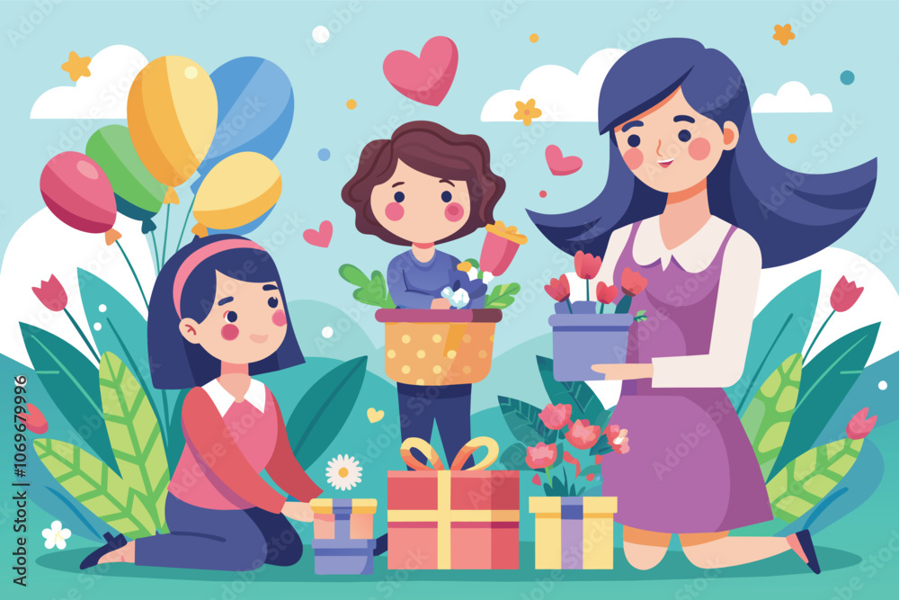 Three Children Presenting Gifts to Mother on a Festive Occasion Three Children Presenting Gifts to Mother on a Festive Occasion