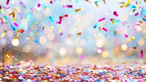 Colorful confetti scattered over a shimmering background for a festive New Year vibe. photo