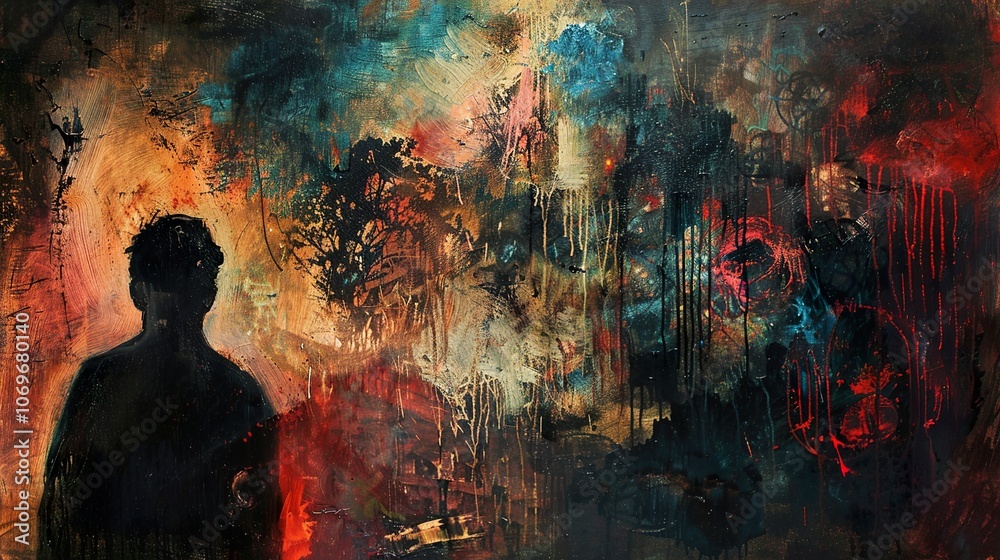 Abstract Painting with Shadow Figure: A Study in Emotion and Inner World Abstract Painting with Shadow Figure: A Study in Emotion and Inner World