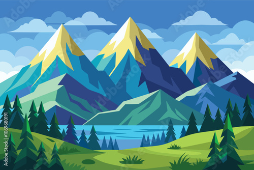 Serene Mountain Landscape With Blue Lake and Green Pines