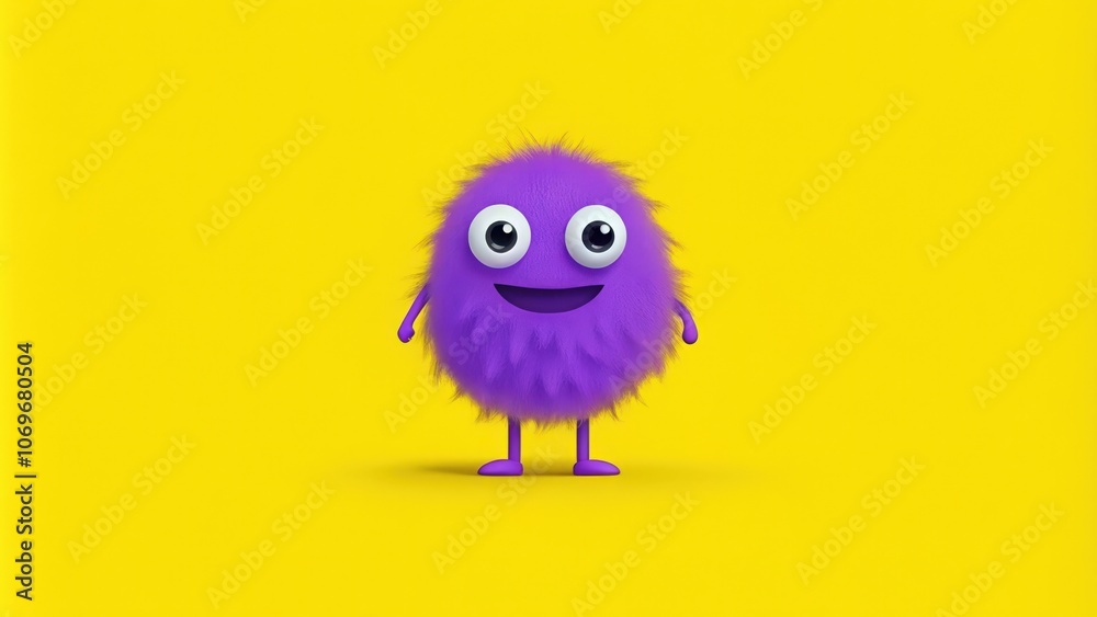 Fototapeta premium Smiling Purple Furry Monster on Yellow Background