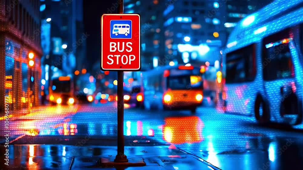 A red bus stop sign with a white bus icon stands in the middle of the street in front of a blurred out bus. 